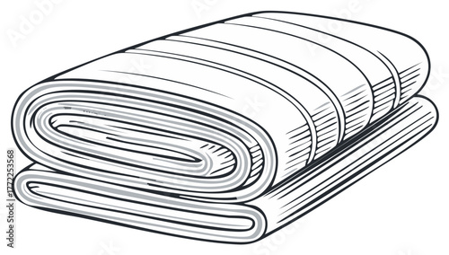 Clean folded towel or blanket stack in a monochrome line art drawing