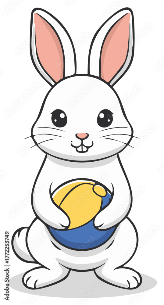 Obraz premium Cute white rabbit holding beach ball cartoon illustration for Easter, spring and childhood themes