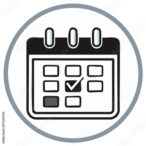 Hand-Drawn Calendar Icon Emphasizing Schedule, Appointments, and Important Dates within a Circular Frame in Black and White
