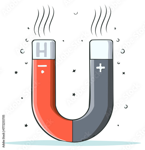 U shaped magnet illustration with positive and negative poles creating magnetic field effect
