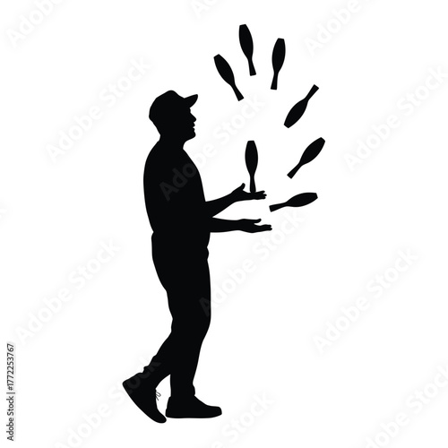 Silhouette of a man juggling multiple pins against a white background