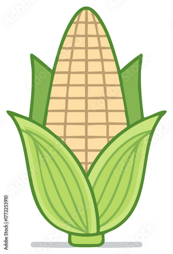 Cartoon style ear of corn with bright green husks and yellow kernels a simple agricultural food illustration