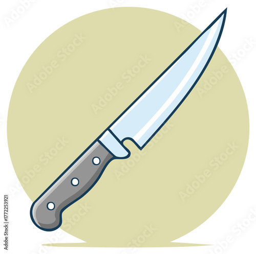 Cartoon kitchen knife with sharp blade and grey handle for cooking and food preparation