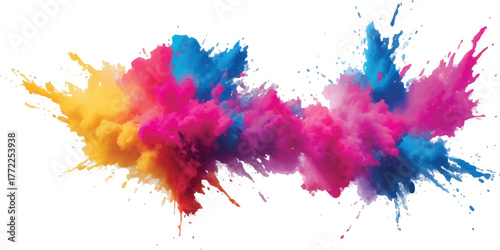 Colorful powder explosion vibrant pigment dust cloud isolated on white background for Holi festival or creative design