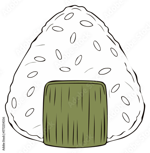 Hand-Drawn Style Japanese Onigiri Rice Ball with Seaweed Wrap. Simple Asian Snack Food Illustration.
