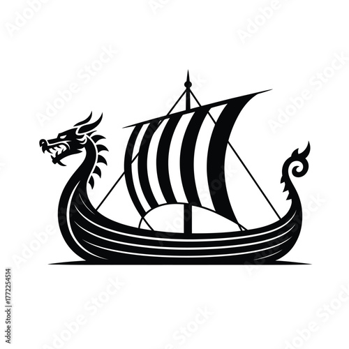 Black and white illustration of a viking longship with dragon head prow