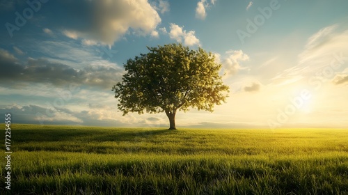 A lone tree stands tall in a field at sunset, with the sun shining through the leaves, creating a warm and peaceful atmosphere.