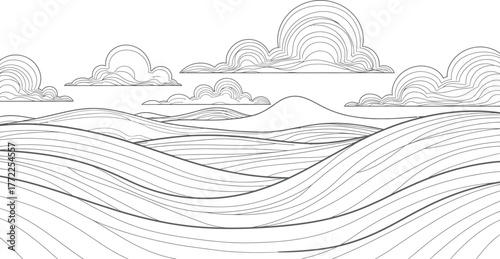 Landscape hills clouds sky horizon nature abstract line art vector drawing