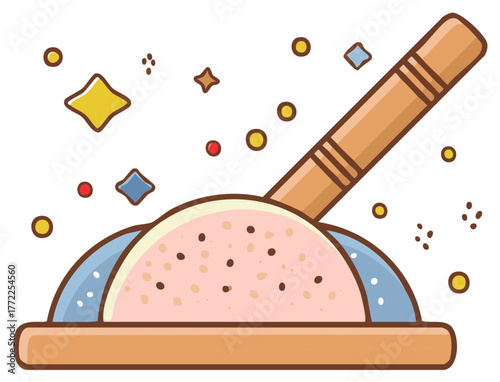 Calm vector illustration of a zen garden with a wooden rake shaping sand and decorative elements