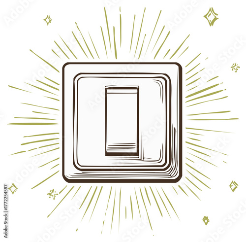 Illustrative icon of an electrical light switch surrounded by radiating lines and star shapes