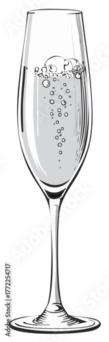 Hand drawn vector illustration of an elegant champagne flute with sparkling bubbles