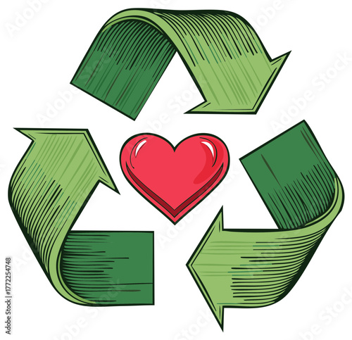 Green recycling symbol embracing a red heart illustration symbolizing love for the environment and sustainability