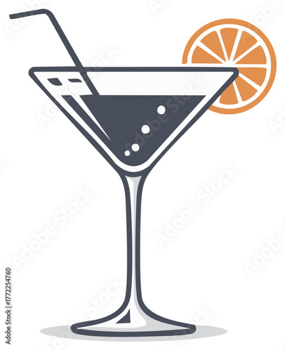Stylized Martini Glass with Orange Slice and Straw Icon Graphic Illustration