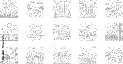 Landscape nature mountain river tree waterfall volcano bamboo windmill house bridge