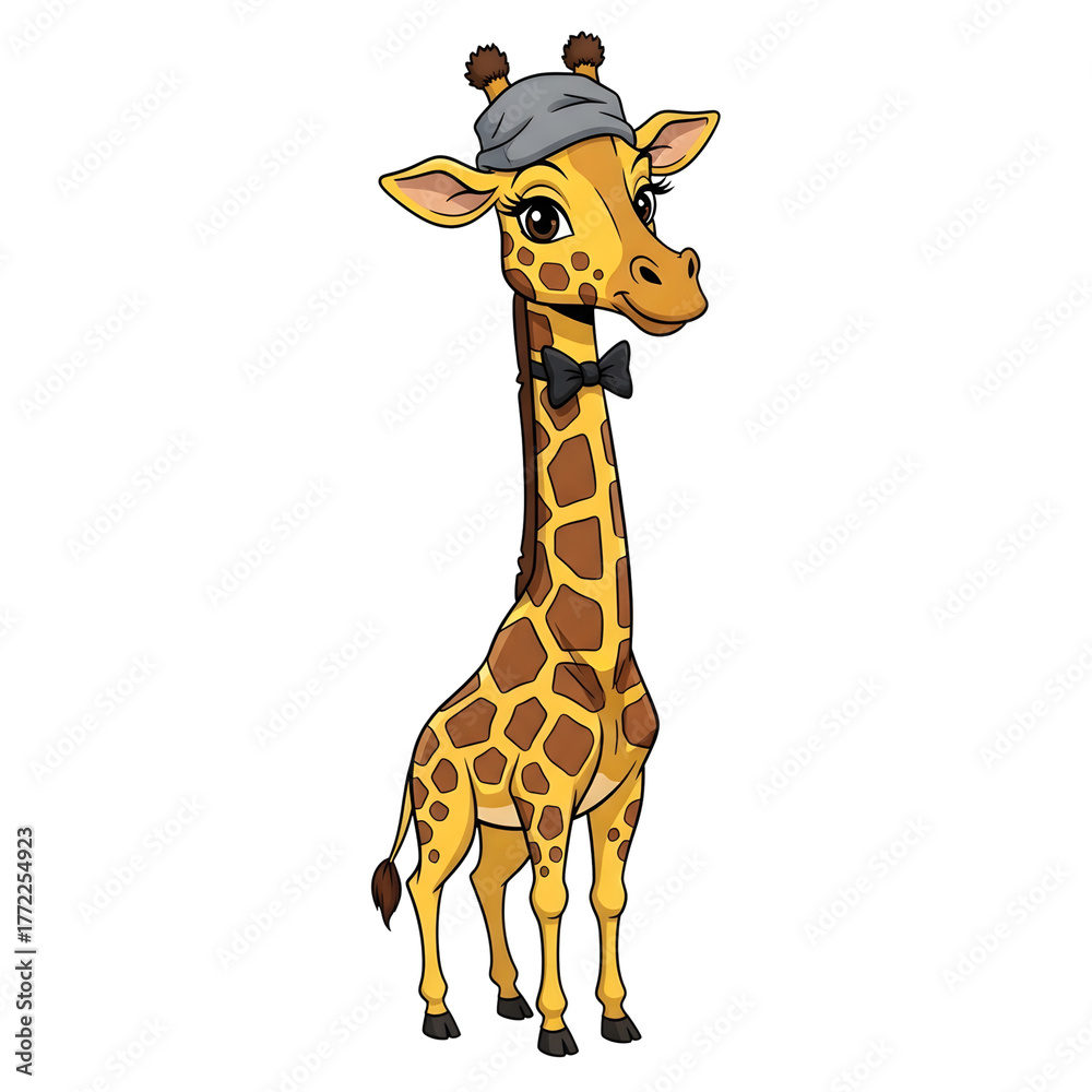 Obraz premium Cartoon giraffe wearing a hat and bow tie, standing upright on a white background.