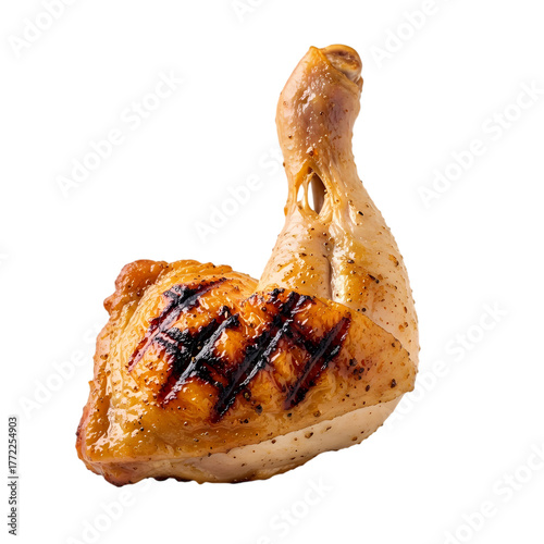 Juicy grilled chicken leg quarter with delicious sear marks ready to be enjoyed