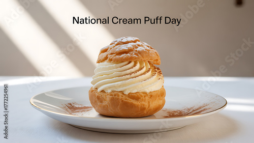 A cream puff with piped vanilla filling on a white plate, celebrating National Cream Puff Day