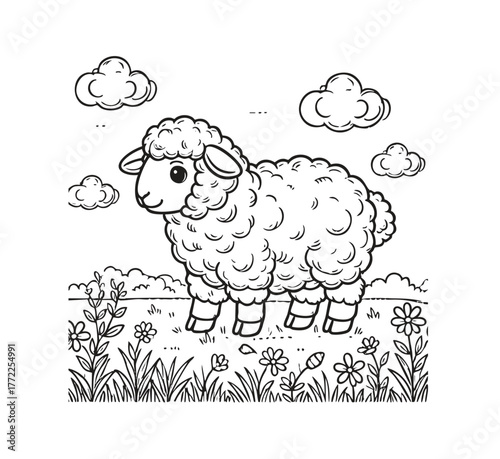 Sheep In Garden- Simple Bold Outline Illustration