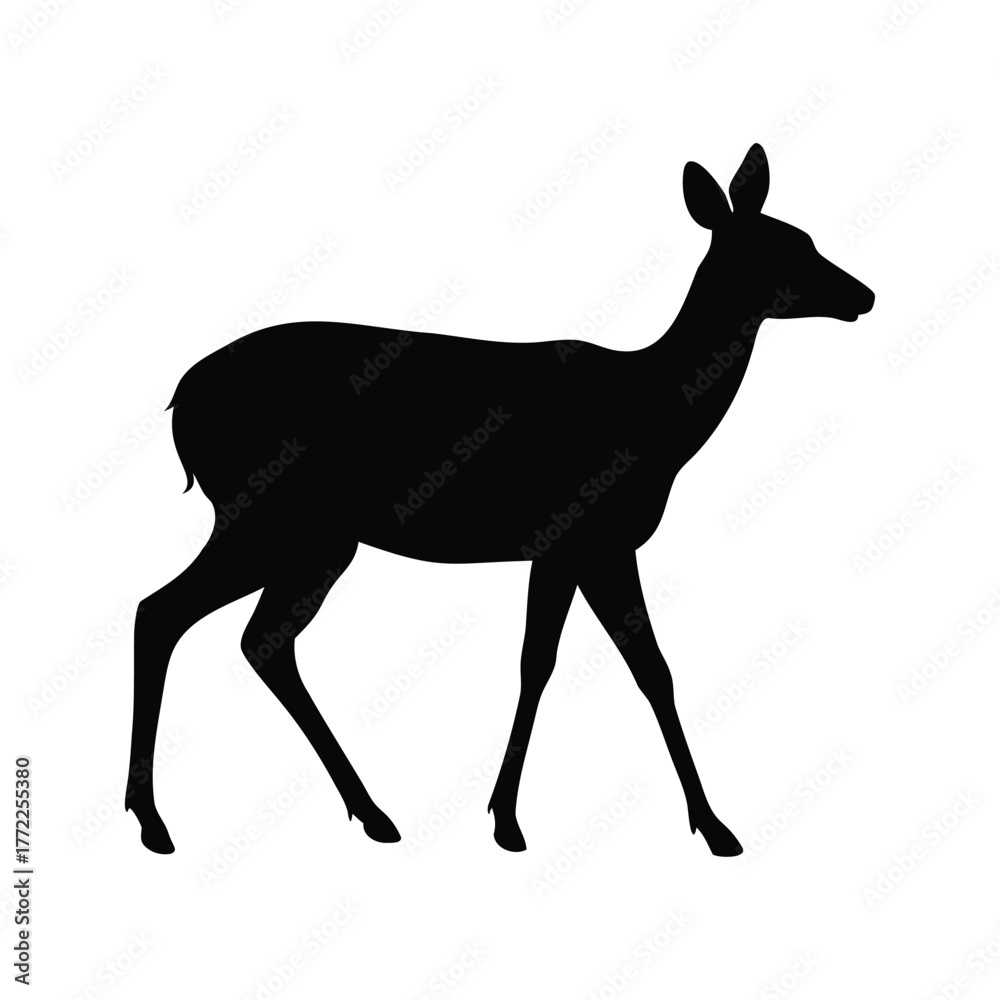 Fototapeta premium Elegant Silhouette of a Deer Walking Peacefully on a White Background, deer walking silhouette vector illustration