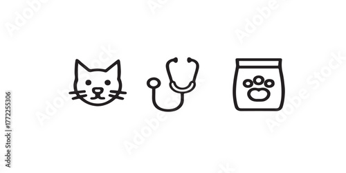 Print  Pet Care and Veterinary Service Line Icons — dog, cat, stethoscope, pet food, clinic vector