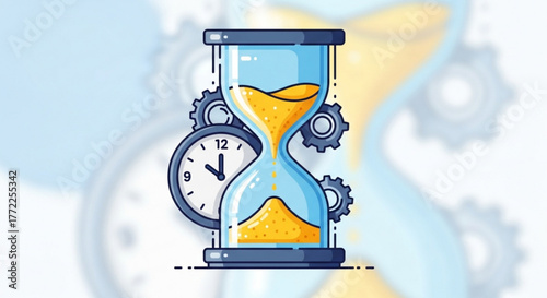 An hourglass with gears and a clock, representing time management, deadlines, and the importance of punctuality and efficiency
