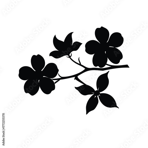 Silhouette depiction of flowering dogwood branch, black floral design on white, dogwood branch silhouette vector illustration