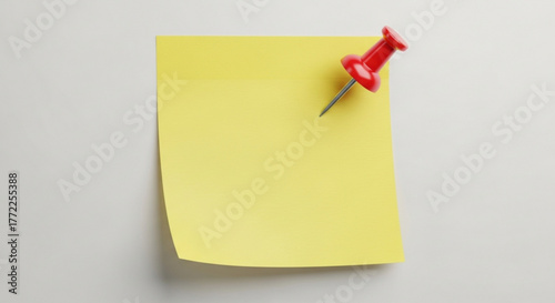 Yellow sticky note with red push pin on, blank paper reminder, memo, to do list, message, notice