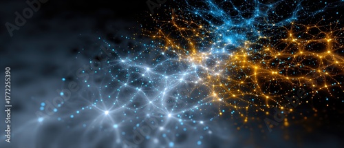 galaxy dark matter expansion concept. Abstract network of interconnected glowing nodes and lines.