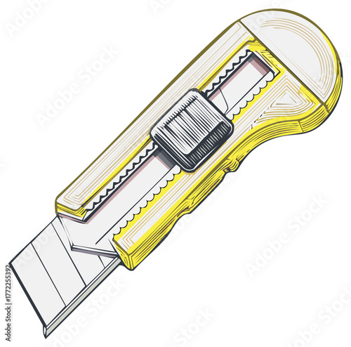 Stylized Graphic Illustration of a Retractable Utility Knife Tool with Yellow Handle and Segmented Blade Design Element