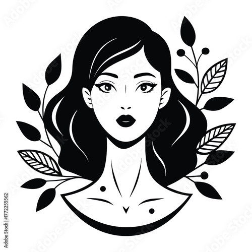 Elegant black and white illustration of a beautiful woman s face surrounded by stylized leaves and botanical elements