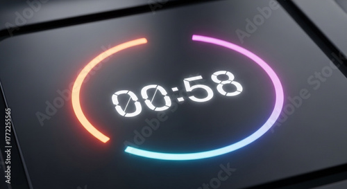 A closeup of a black keyboard button displaying a digital timer with the time 0058 and a colorful, glowing circular progress bar