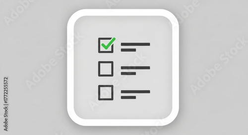 A square icon with a checklist and a green checkmark in the first box, isolated on a gray background, representing task completion