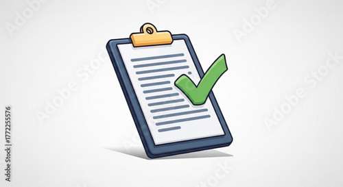 A cartoonstyle clipboard with a document and a green check mark, , symbolizing task completion