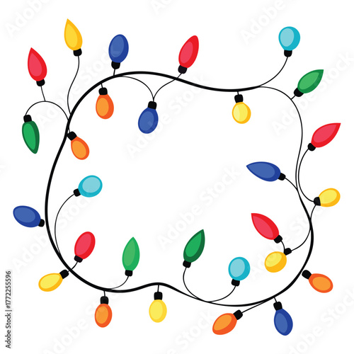 A whimsical and vibrant string of colorful christmas lights arranged in a festive decorative and celebratory garland shape against a clean white background