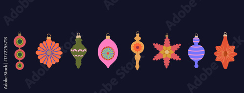 Christmas tree decorations. Hand drawn baubles. Xmas holiday decoration elements.