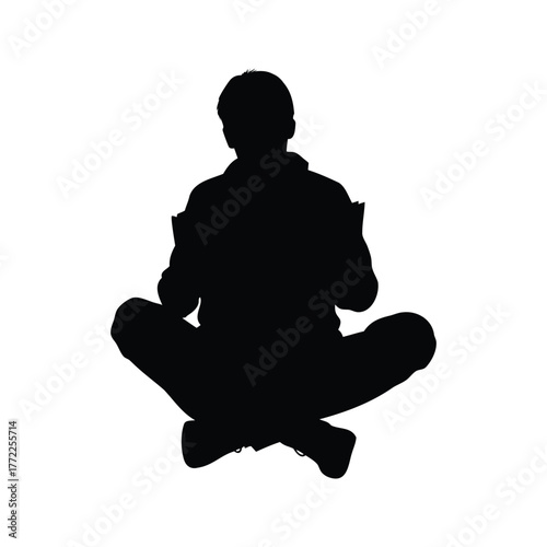 Silhouette of a person sitting crosslegged reading a book on white background, person reading book silhouette vector illustration