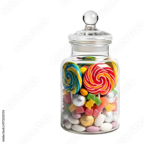 Colorful candies and lollipops in a classic glass jar evoke childhood sweetness