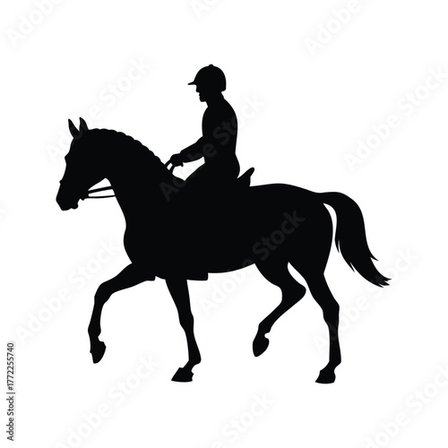 Silhouette of equestrian athlete riding a horse in a dressage competition, person riding horse silhouette vector illustration