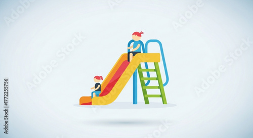 A vector illustration of children playing on a slide, a fun activity for kids in the playground