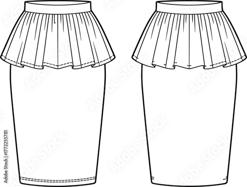 Vector CAD drawing of high-waisted pencil skirt with flared peplum overlay in two variations for fashion design and garment layout
