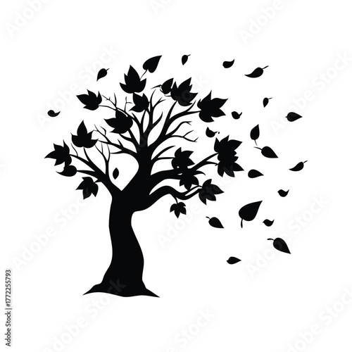 Silhouette of a tree losing its leaves in a strong wind, tree shedding leaves in autumn silhouette vector illustration