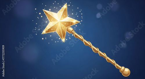A golden magic wand with a star on top surrounded by sparkles on a blue background is a symbol of magic and wonder