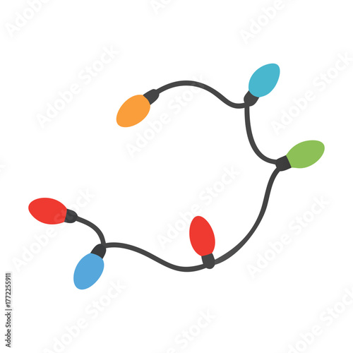 A festive string of colorful christmas lights with red blue green and orange bulbs arranged in a whimsical decorative pattern on a white background