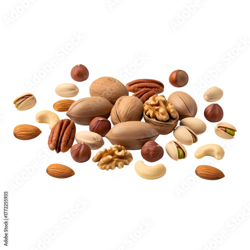 Delicious assorted nuts, walnuts, pecans, hazelnuts, almonds, pistachios, and cashews