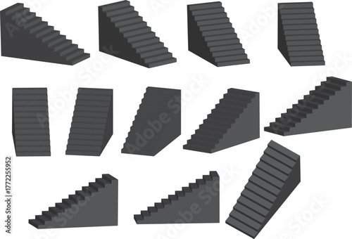 立体上り階段の正面・横・斜め角度別イラストセット