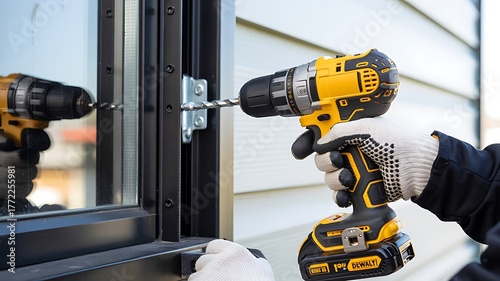 Installation and adjustment of window fittings.operation, repairman, finishing, maintenance, work, assembly, 