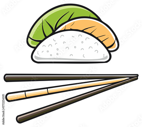 Vector Icon of an Asian Rice Ball with Billiard Cue Chopsticks