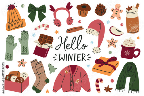 Collection of cozy winter and holiday elements, hello winter lettering, flat cartoon vector illustration for Christmas design, warm clothing, gift, sweets, festive accessories, seasonal decoration set