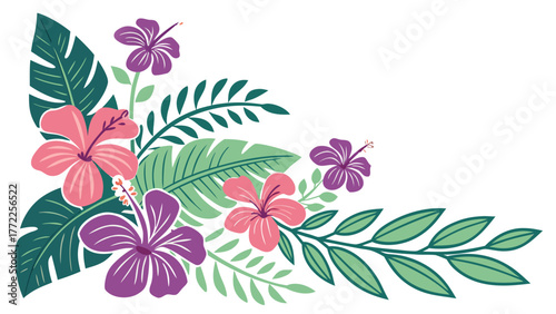 Tropical hibiscus floral corner design element for invitations, and summer designs