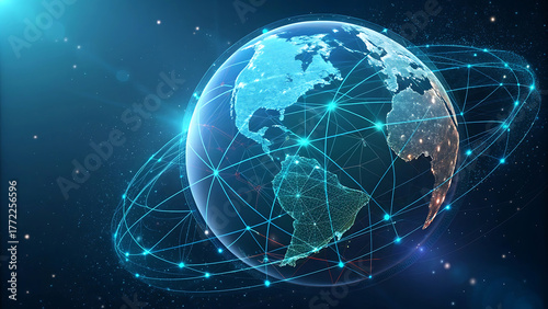 Digital earth with glowing network connections and data streams representing global connectivity and technology